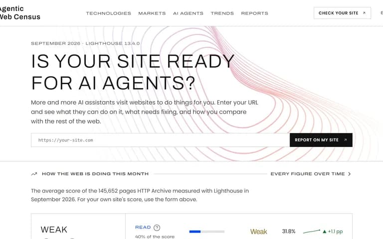Agentic Web Census: la portada, amb el formulari per mesurar el teu web i la nota de tot el web aquest mes