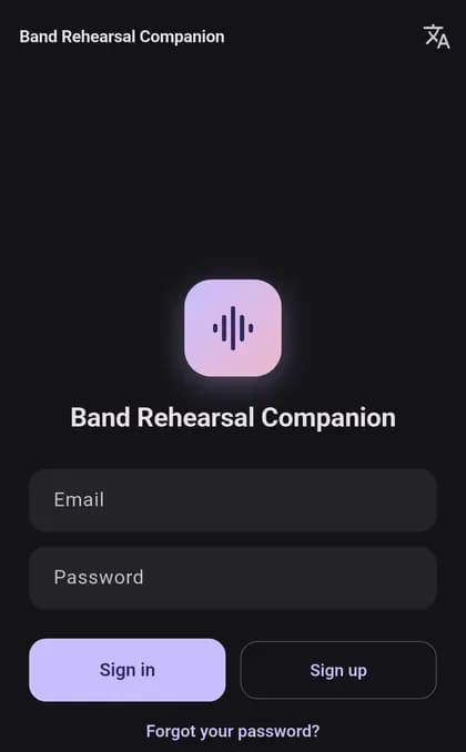 Pantalla d’entrada de Band Companion, amb la icona de l’app i els camps de correu i contrasenya