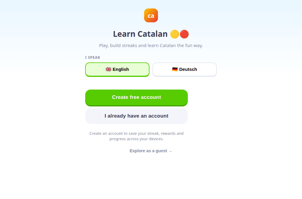 Pantalla de inicio de Learn Catalan con la selección de idioma de partida