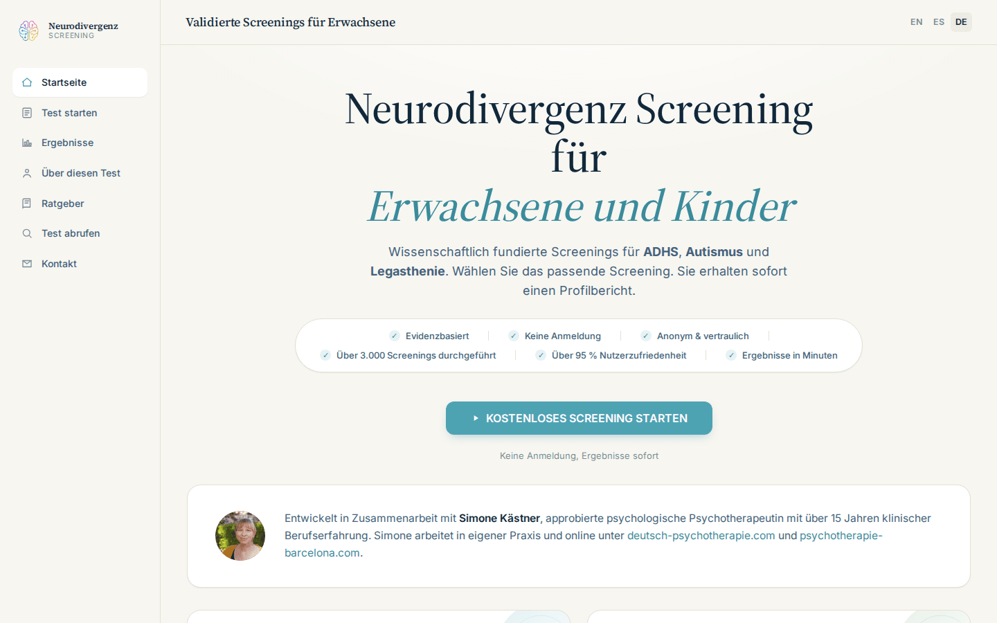 Página de inicio de Neurodivergence Screening en alemán