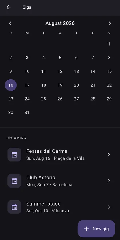 Calendari de bolos amb els concerts que vénen llistats a sota, amb data i lloc