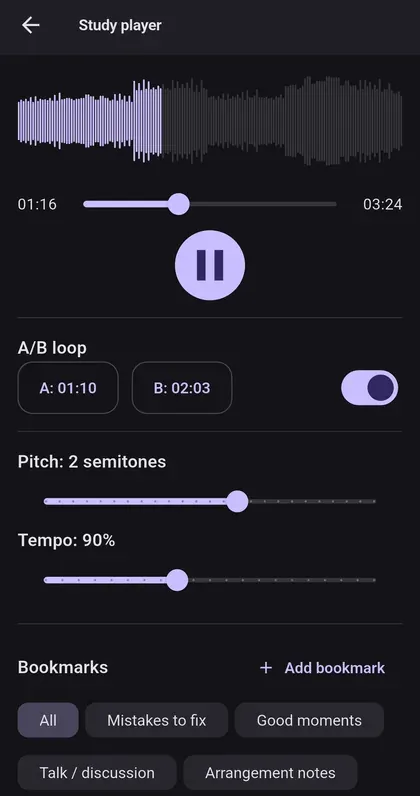 Reproductor d’estudi amb la forma d’ona, el loop A/B, els controls de to i tempo i els marcadors per categoria